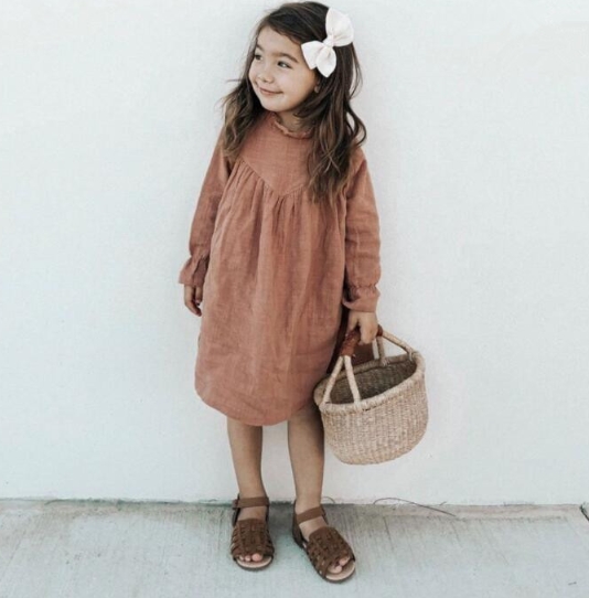 秋 女の子 ダックネック 無地ワンピース 森ガール ゆったり リネン 子供服 おしゃれ ワンピース