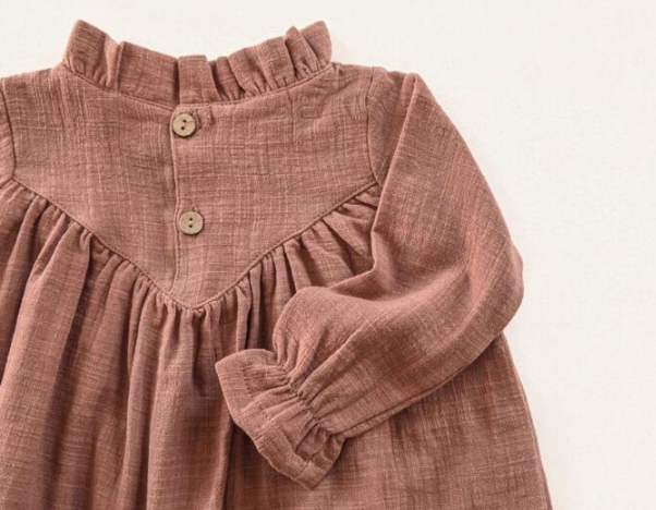 秋 女の子 ダックネック 無地ワンピース 森ガール ゆったり リネン 子供服 おしゃれ ワンピース - 画像 (3)