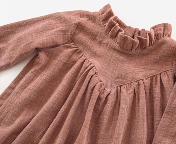 秋 女の子 ダックネック 無地ワンピース 森ガール ゆったり リネン 子供服 おしゃれ ワンピース - 画像 (4)