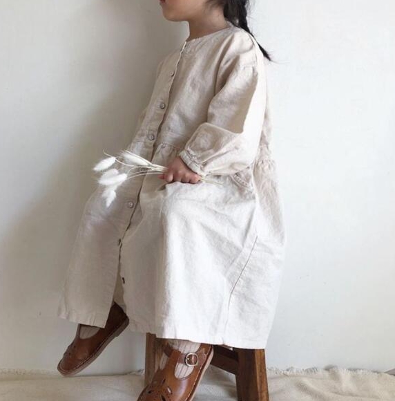 秋 女の子 シャツワンピース 森ガール リネン ゆったり 無地 子供服 おしゃれ ワンピース - 画像 (2)