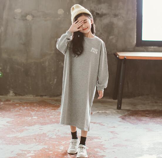 秋 女の子 無地 裾スリット Tシャツワンピース カジュアル 可愛い 子供服 長袖 ワンピース