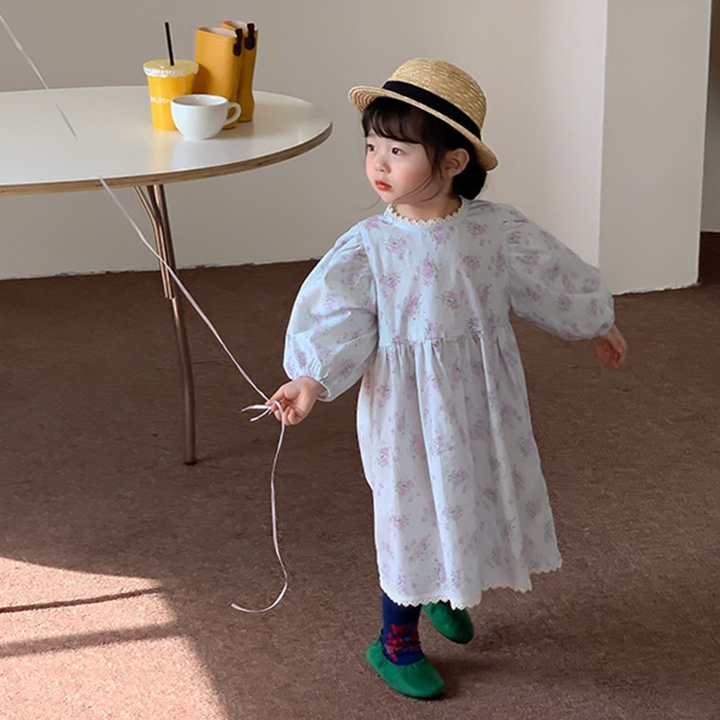 ins 新作 秋 女の子 レース襟 総柄ワンピース パフスリープ 森ガール 子供服 花柄 ワンピース - 画像 (2)