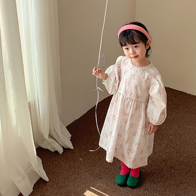 ins 新作 秋 女の子 レース襟 総柄ワンピース パフスリープ 森ガール 子供服 花柄 ワンピース - 画像 (4)